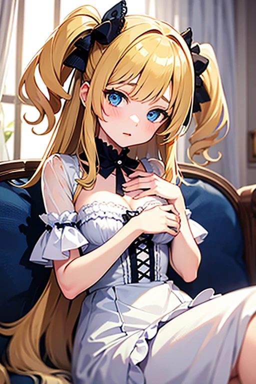 In her room, the open window curtain overlooking the park, a chandelier on the ceiling, bed in the back, sitting cross-legged on a fine wooden chair, a schoolgirl of European origin, 20 years old, sexi, flirtatious look, lustful pose, blonde with blue eyes, medium chest, beautiful gradient, Full body, Beautiful anime style girl, clean detailed facesKawaii, anime girl, dynamic pose, (school uniform: white V-neck blouse with lace and neckline, short red skirt with black squares and with pleats and butterfly patterns, white knee-high stockings with diamond patterns, black bow on the head,), /(shapely legs, slender hands, triangular face, hourglass body, thin lips, small nose, perfect eyes, small waist, wide hips,), full body, Uhd digital painting, hyperdetailed triadic colors, unreal engine, fantastical, intricate detail, complementary colors, concept art based on the art of Range Murata, 8k resolution, deviantart masterpiece, oil painting, heavy strokes, dynamic light source