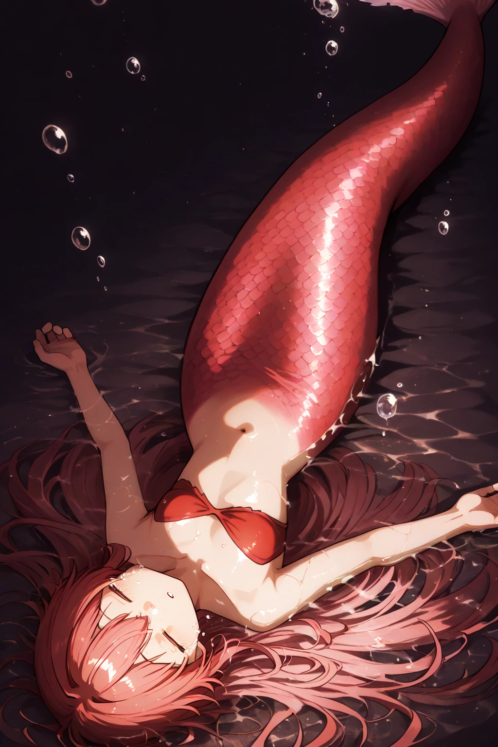 inside the red cave、(merman men)、delicate、12 years old、whole body、Surrounded by countless red tentacles、My arms are tied up by red tentacles、Red tentacles press down on the body、Sweat、face of despair