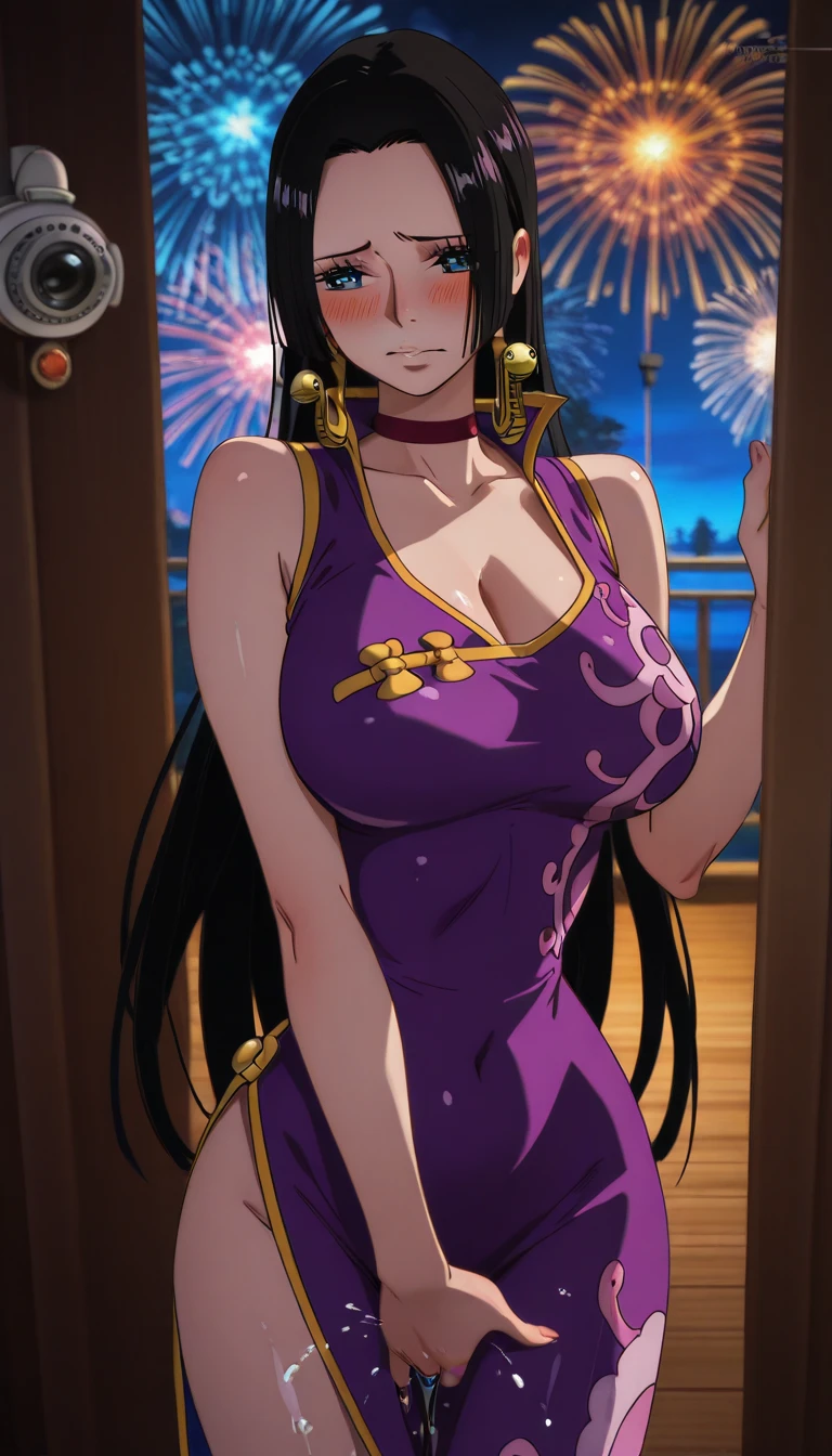 (POV Breast Grab : 1.3), white dress, (night luxury deck background), fire works, Litchi Faye-Ling, mature woman, anime cels style, best quality, high resolution, 1girl, (huge breasts:1.2), beautiful face, Beautiful Finger, Beautiful long legs, Beautiful body, Beautiful Nose,Beautiful character design, black hair, very long hair, ponytail,Bangs,purple eyes, (cowboy shot), smiling, blushing, looking at viewer