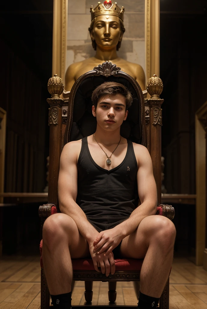 White man shirtless with black pants sitting on a giant throne laughing, medium lenght hair, showing feet, throne room, dramatic lighting, highest quality, Cinematic lighting, toned body, perfect face, abs, looking at viewer, golden throne, detailed background, (detailed skin), [freckles], natural lighting, (from_below:1.4), (direct light:0.4), 8mm film grain, photographed on a Sony a9 II, 24mm lens, F/2.8 aperture, deep focus, (RAW), 8k