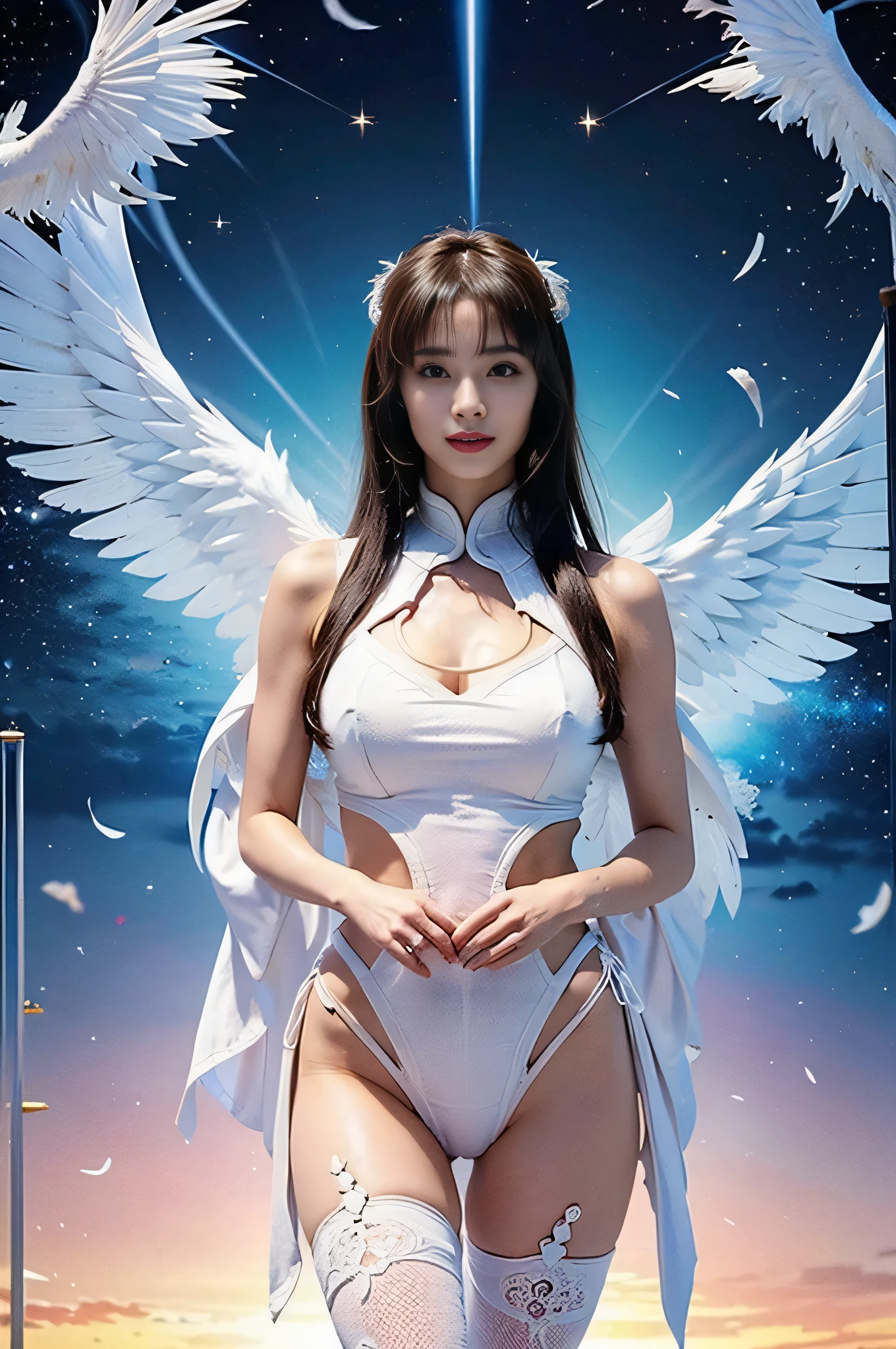 master-piece,最高品質,超High resolution),Japanese Ladies, (((full body visible))), (((very beautiful angel))),(((Cute Girl))), The right hand holds a long sword..., blue shining sword, See photographer、front-view, hyper cute face, Glossy lips, Double eyelids in both eyes,(((Black Hair)))、 Cute makeup, long eyelashes, Hair is shiny and smooth....., Larger Image, Perfect limbs, perfect anna, large boobs, Beautiful breasts, Beautiful breasts, breast augmentation, smooth penis,Hairy,(((angel wings))),(((angel'overhead ring))),(((Hot striptease))),(((naked))),