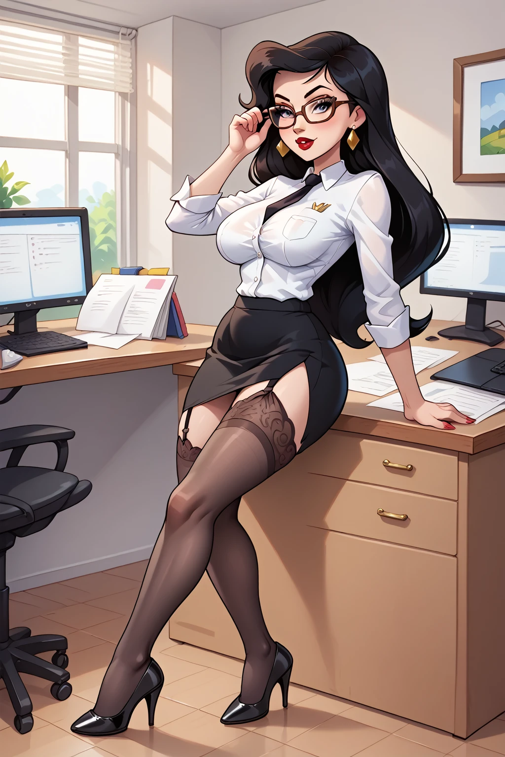 (masterpiece, best quality), a young black haired girl office secretary dressed in a transparent white blouse and black office skirt and black pantyhose ,sitting in an office chair, holding pencil, (detailed skin:1.3),(detailed eyes), (sharp focus),