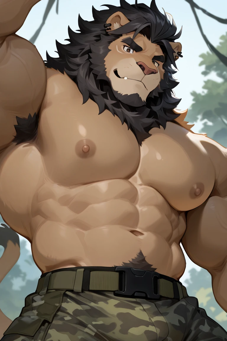leonhardt,Sacrificing,mascle,grown-up,Lion,goat horns,standing alone,4K,best qualityer,best qualityer,looking at the audience,fangs,hairy body,bare arms upper body stripping 100% from top to bottom,without wearing clothes or any clothing,bare chested,hairy chest,furry tail,chest muscles,chest muscles,six pack abs,anatomically correcte, thick and hard penis with ugly getting painted on top, defined penile erection with ugly,naked showing his penis appearing and getting thick and hard so that his balls show satisfaction and relief,delicate skin,pride,gentle shadow,majestic detailed face,high quality eyes,black eyes with red pupils,sharp looking eyes,g-string,layer,,grandiose,Coraggioso,confident grin,stark,mellow,pasture,blue sky and white clouds