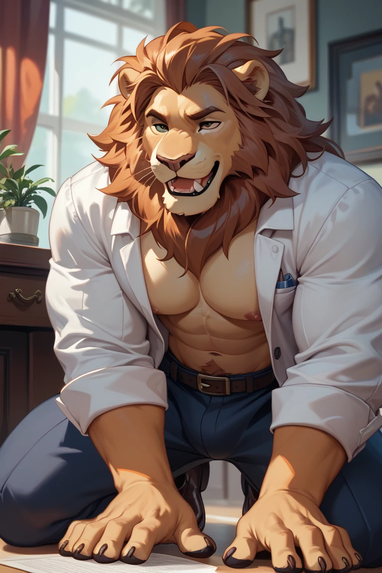 (by narse, by null-ghost, by darkgem, by personalami) older male,old chubby lion, glasses,(Brown fur:1.2),(dark blue long hair:1.4),(facial hair:1.2),(hi res, best quality, high quality, detailed, shaded, shading, masterpiece:1.2), detailed eyes, detailed clothing, smirk, seductive smile, hairy chest, lying in sofa, indoors, night,(red hearts pattern oversized white loose_boxers:1.6), (white Open shirt:1.3), (red striped necktie removed:1.3),(posing),full body,(lion tail)