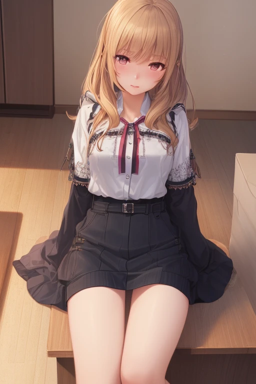 ((best quality)), ((masterpiece)), (detailed), japanese girl, gyaru, blond long hair, , e cup, long legs, tall, 17 years old, , sexy, standing in bedroom, black kneesocks, no shoes, bueatyfull face