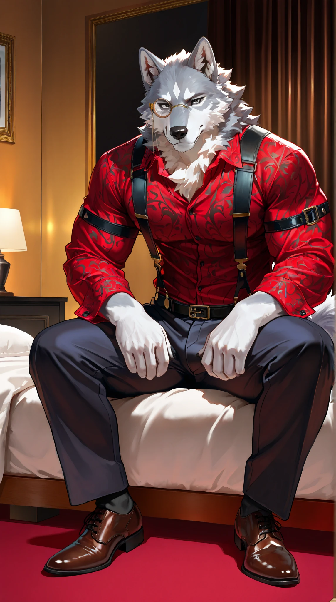 Male wolf and fox hybrid orc,Image of a 45-year-old uncle,Charming and charming appearance,Lustful and sultry,Calm and firm,Very muscular,The body is huge and very impressive,Very attractive to male lovers,The fur is white and sky blue,The clothes have a top and bottom, no nudity, no abdominal muscles exposed。The scene is in a cozy bedroom。