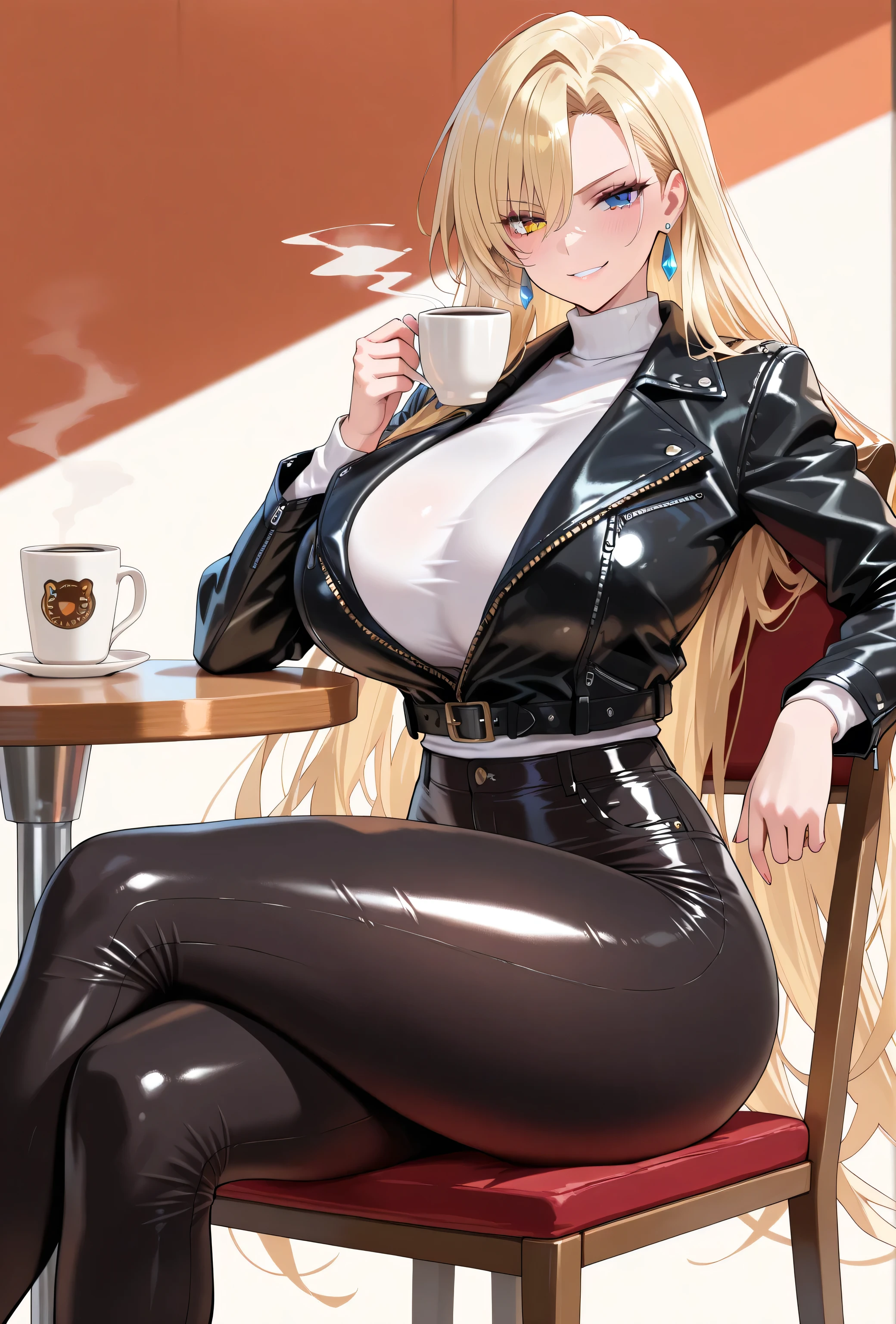 top-quality、Top image quality、​masterpiece、girl with((18year old、Waitress clothes with open chest、Best Bust、Bust 85、a blond、Longhaire、Blue eyes、open chest wide、Valley、Happiness、Black wristband on wrist、A slender、耳Nipple Ring、The wind blows,Happy face、close to viewer、turned around)）hiquality、visualart、Background with((Night Coffee Shop、Counter seats、Coffee maker))、The table(menu、Coffee Cups Coffee Cups、Sugar Bottle、Milk),masutepiece、