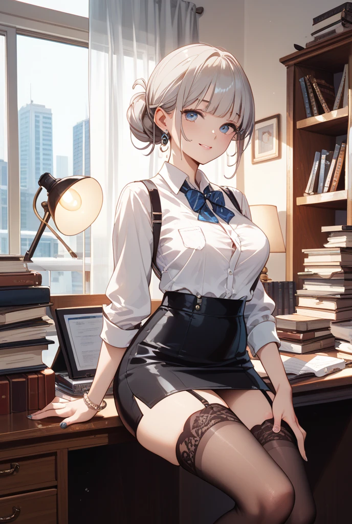 Woman sitting on chair in front of window,office, A charming office lady, detailed Digital anime art, Attractive anime girl, Anime Girl Portrait, Ilya Kuvshinov. 4k yen, Smooth anime CG art, Cute realistic portrait, Beautiful Anime Girls, Digital anime art, Gweiz-style artwork, Cute Anime Girl