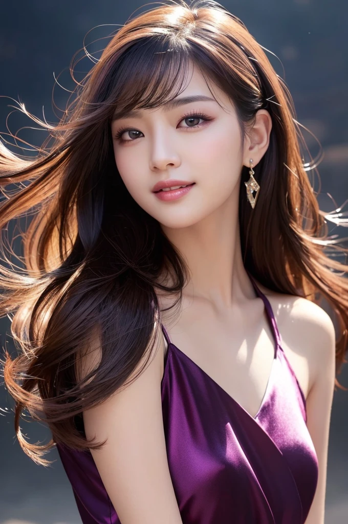 Image resolution 8K、masterpiece:1.3)、Beauty、1 female、(魅力的なBody Type:1.2)、abdomen:1.1、Dark brown hairstyle:1.1、(Body Type:1.2)、Ultra-detailed face、Attractive lips、double eyelid,Wearing a purple silk one-piece dress、Super realistic and super cute in every detail、Japanese、Japanese女性、20th generation(28 years old)、Smile with a beautiful smile、Hair blowing in the wind、color々Hair style、Light shining from behind、Black background、Filmed in the studio、Pose facing forward、
