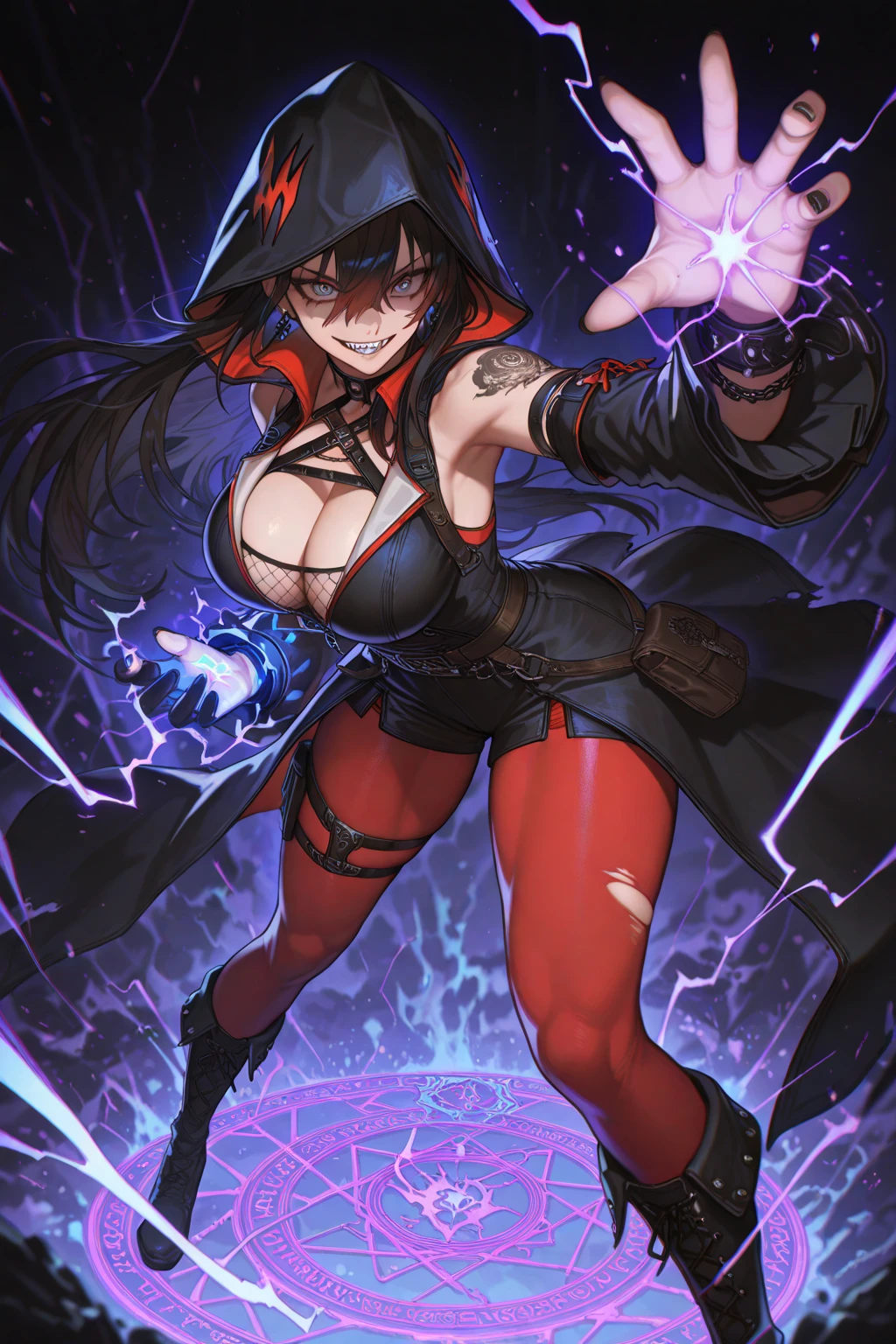 Wolfie, girl1, solo, cowboy shot, full body view, blue hair, smiling, black leather pants, spirals, yellow eyes, ears, earrings, spike caller, serious look, lightning hands, glowing veins, electric power, glowing hands, electric hands