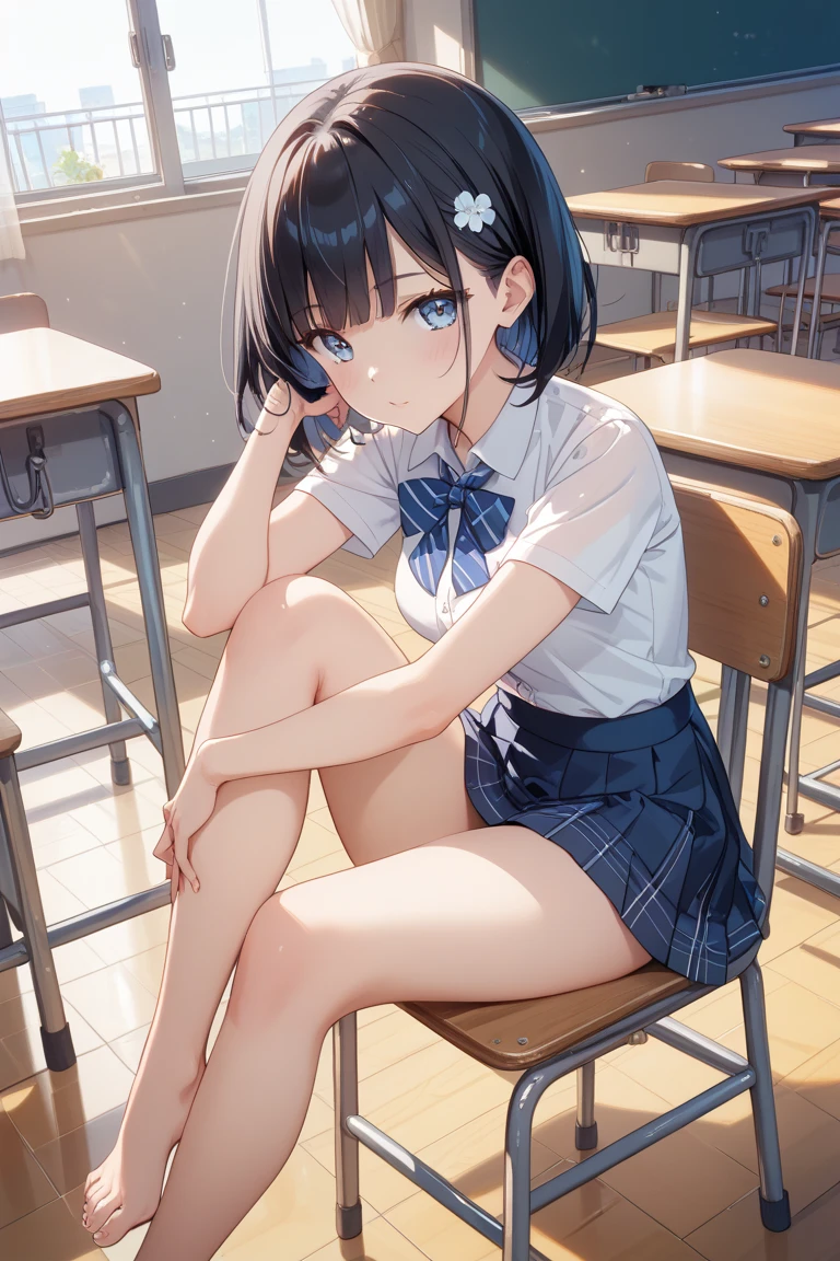 (名傌), (((Best Quality)), (Super Detail), 1 Girl, Black Hair Short Hair, School, Classroom, Open Legs on Desk, Purple Panties, Pubic Hair, Purple Eyes, 15 Years Old, Skinny Legs, School Uniform, Skirt, Socks, Serafk, Neckerchief, Sailor Collar, Pleated Skirt, White Socks, Black Skirt, Short Sleeves, Shirt, White Shirt, Black Sailor Color, Blue neckerchief, blush, bangs, small breasts, perfect hands, hand detail, fixed fingers, looking_al_Viewer, top quality, rich detail, perfect image quality,