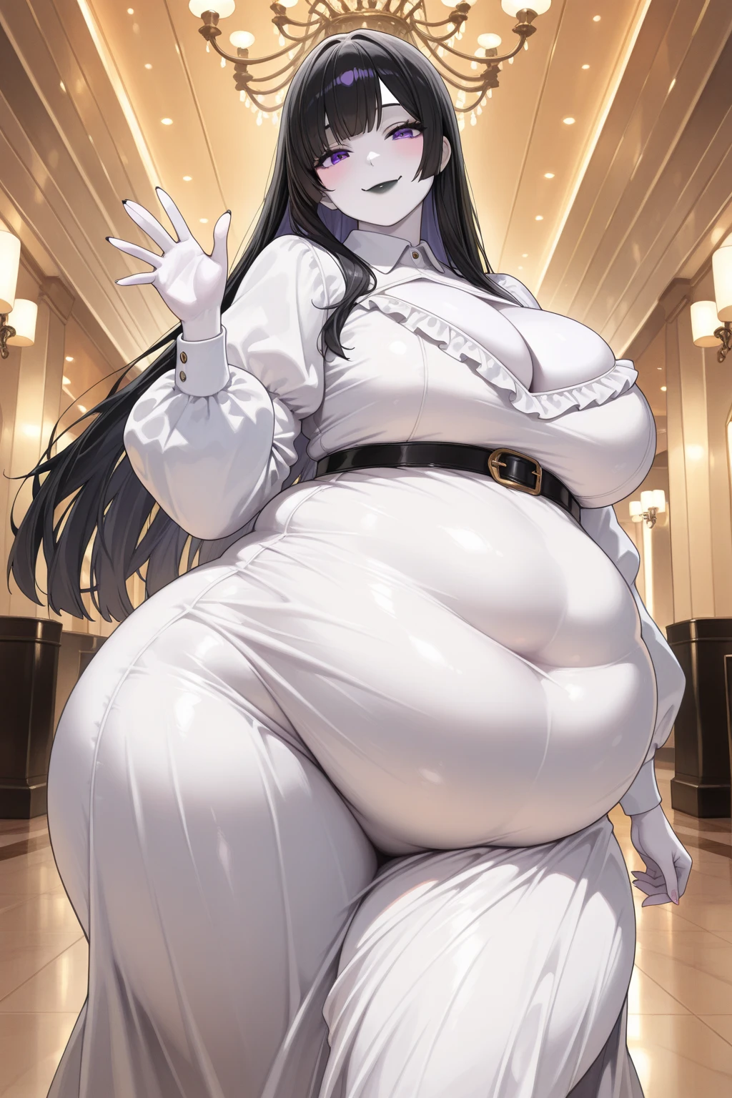 masterpiece, best quality, 1 girl, bunny suit, plump, purple hair, purple eyes, blunt bangs, long hair, sharp details, tall, mature woman, stuffed_belly, reddish_belly, belly_bigger_than_body, gurgling_noise, heart eyes