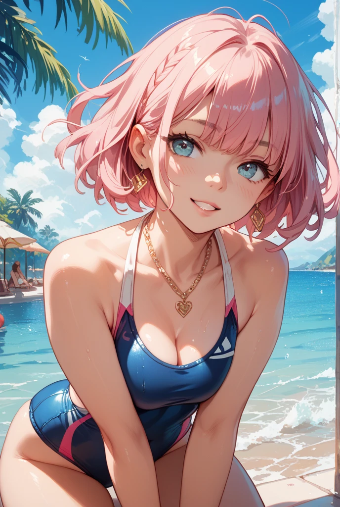 (masterpiece), (best quality), (ultra-detailed), (highest quality), (2.5D), (1 girl), very delicate facial expressions, erotic, only sexy woman, healthy figure, ((22-year-old woman)), 170cm tall, medium firm swaying breasts, (short hair), (pink hair:1.5), pink and salmon pink, ((streaked hair:1.9)), (highlights hair: 1.6), blunt bangs, red eyes, blush, (thin thighs), (camel toe:0.7), (visible nipples:0.7), (Erect nipples:0.7), (floral dress), shiny and lustrous, facing straight at viewer, (((in heat))), ((Oily_skin)), ((dutch angle)), ((erotic pose)), relaxing by the beach in midsummer