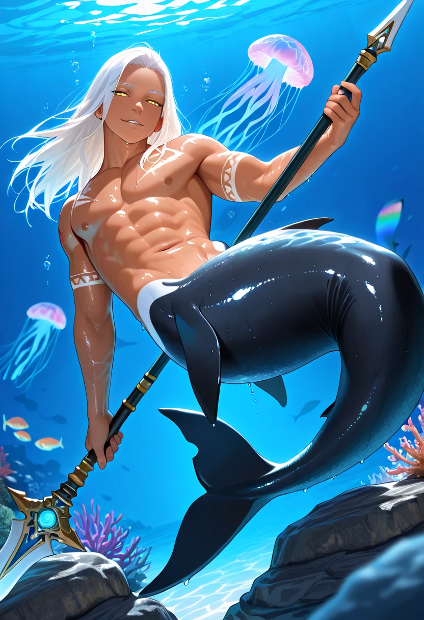 (hyper-realistic digital illustration), hires, best quality, underwater world, wide angle, swimming, athletic body, male, iridescent skin, flat chest, silver eyes, green hair styled in spikes, determined expression, bioluminescent lighting, wearing fashionable black small thong, full mast, erect bulge, erect bulge, visible through underwear , small waist, broad chest, big mane, slim scruffy, muscular
