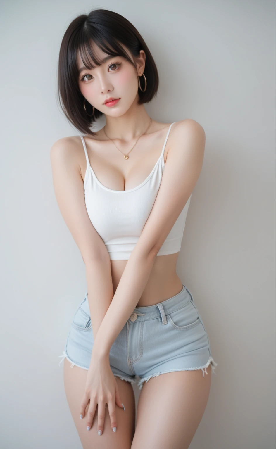(Best quality,  masterpiece,  detailed),  (RAW, 4k, hd images),  shy,  1 girl,  17 years old,  white skin,  long hair,  ponytail,  layers hair,  bangs,  black hair,  beautiful girl,  cute girl,  sweet girl,  pretty girl,  perfect girl,  perfect body,  pretty eyes,  blue eyes,  thin lips,  (eye line, lip stick soft),  perfect ,  glasses(detailed frame),  indoors,  smile,  thigh,  legs,  long legs,  white tank top,  short pants,  sitting on the sofa,  white wall background,  pose like a model,  full body,  cenimatic light
