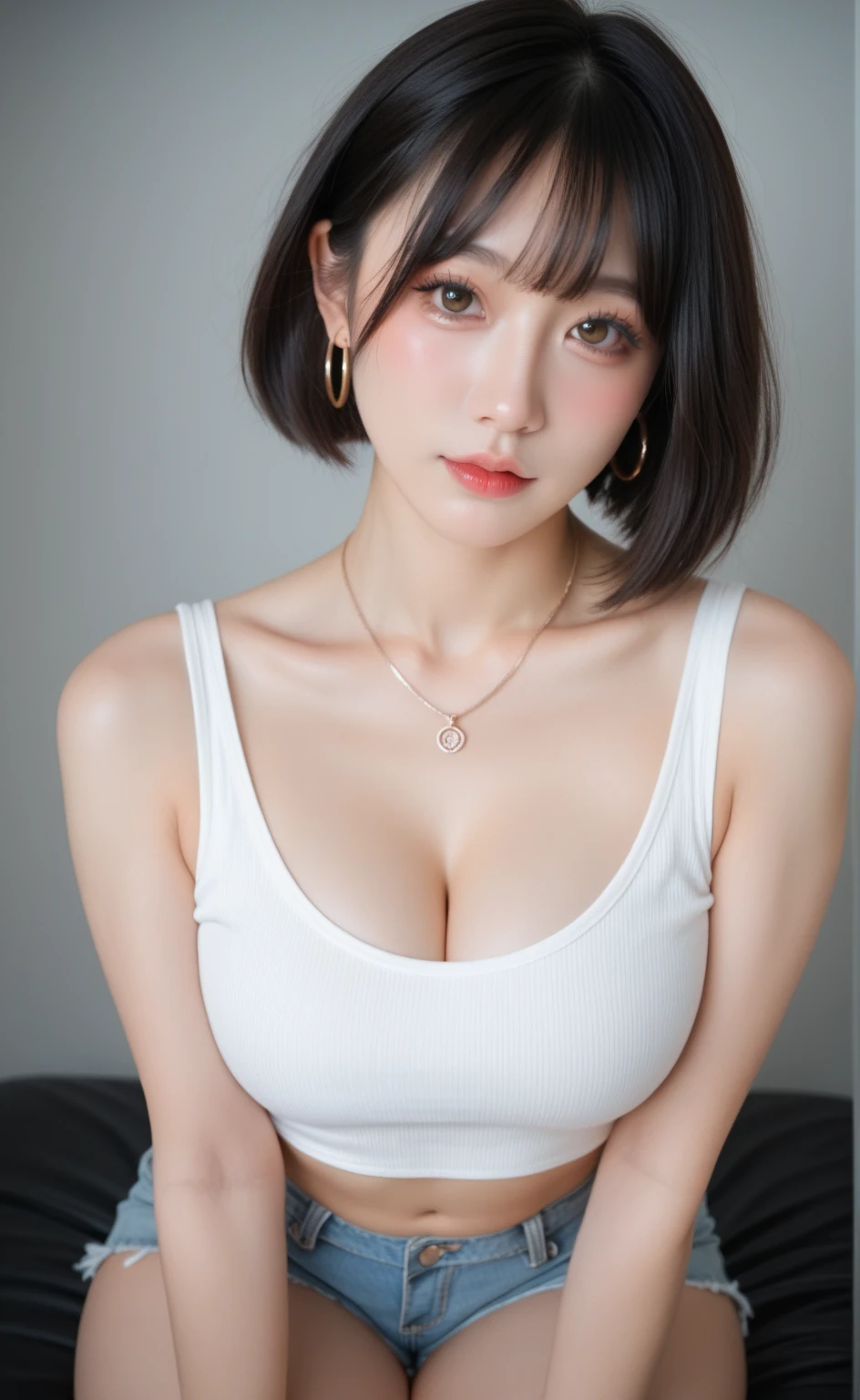 (logo, masterpiece, 8K, Tabletop, RAW Photos, wonderful, 最high quality, Photorealistic and very detailed CG composite 8k wallpaper, high quality, Very detailed, Narrative poem, Particle Effects, Dynamic Effects, Depth of the Boundary, Cinematic Light, Lens flare, Ray Tracing), short hair beautiful young woman, Hair tied back, high detail skin, very fine, fine skin texture, beautiful face, realistic eyes, beautifully detailed eyes, realistic skin, beautiful skin, surreal, smiling eyes, Hair and light eyes, Vibrant, Colorful lights and bokeh. The lighting casts a warm glow on her face and hair, Blue glow, Water surface reflection, Creates a dreamy and magical atmosphere, Big Breasts, Brown Hair, short hair, plump lower lip, pink blush on the cheeks , pink lips, brown tight no-shoulder knit sweater