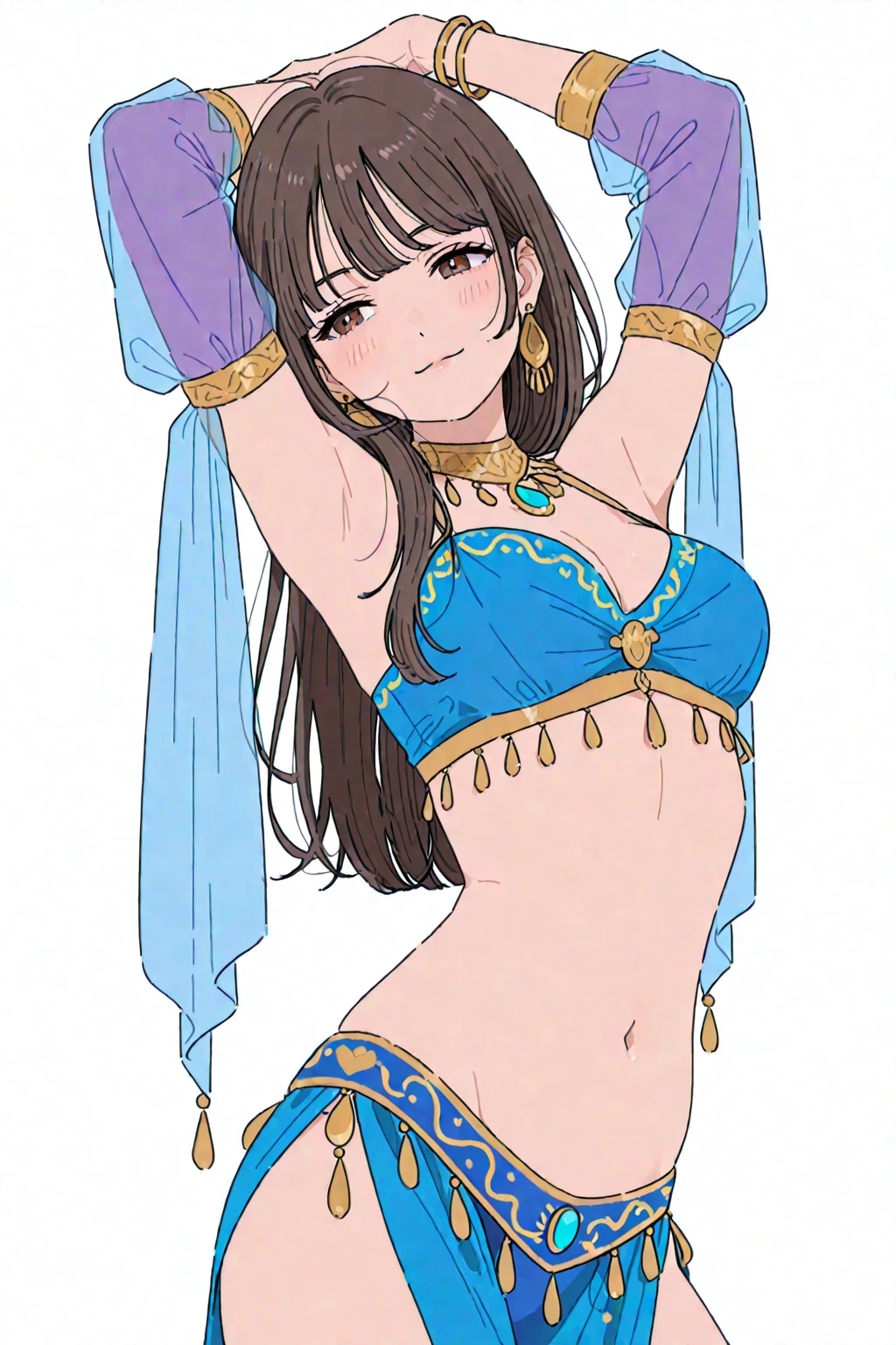 1boy, feminine and girly, trap, twink, thong, background, blush, belly dancer outfit, big butt, belly dancer, innocent and cute boy, the boy is about 11 years old, butt, small bulge, dancing, arabic harem, see-through silk, gold jewelry, see-through clothes, arabic harem interior, long hair, ass sway, motion lines,