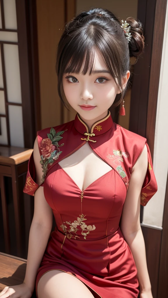 Beauty, high quality, Complete, In detail, High resolution, 8k wallpaper, whole body, Perfect dynamic composition, Beautiful attention to detail, Random sexy poses, large breasts, Charm, Alluring, 20 year's old, round face, Cheongsam