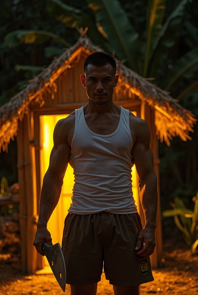 "Generate an image of a man wearing a towel, engaged in work amidst the vibrant greenery of an Indian village jungle."