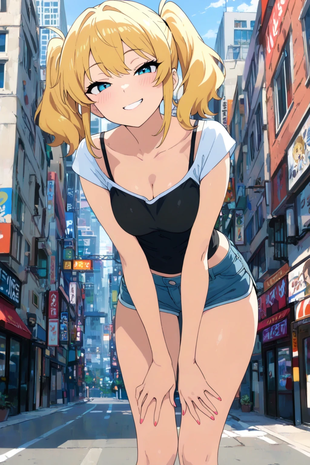 Seen from the front, Shibuya-style gal sitting on the roadside, camisole, mini pleated skirt, bent knees, open thighs, short blonde curly hair, from below, panties, cleavage, Shibuya fashion, masterpiece, underwear