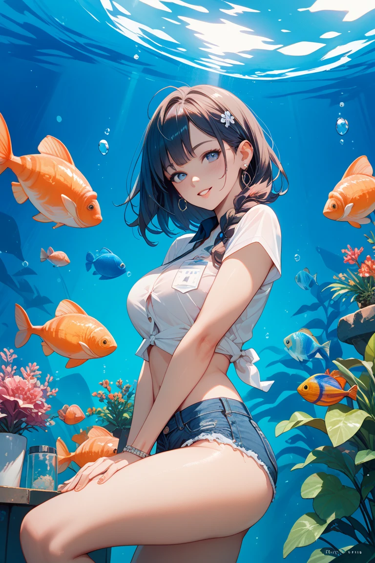 Underwater tracks and crossings、Giant goldfish swimming around、A girl in a white bikini is standing at a railroad crossing waiting、Seaweed、Coral、Colorful scenery、8k、High quality、Glittering water surface、Sunset、Underwater Images、