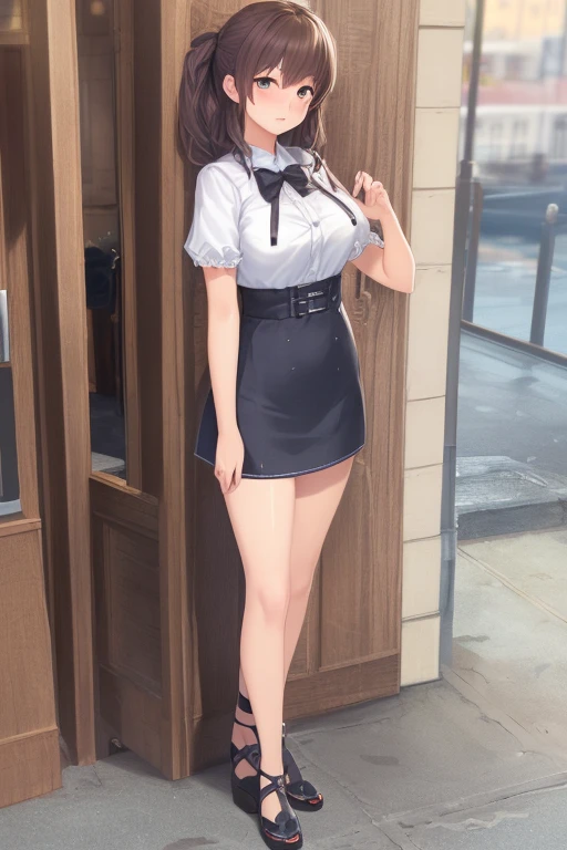 realistic anime illustration of pretty business woman is walking along her offiice building, she has black long straight hair and forehead with hairclip, she wearing black medium sleeve buttoned blazer outer, white crop top inner, light-blue denim pencil mini skirt, and brown sandals (1girl, solo, full body), (masterpiece, best quality, japanese anime style), (expressive eyes, perfect face)