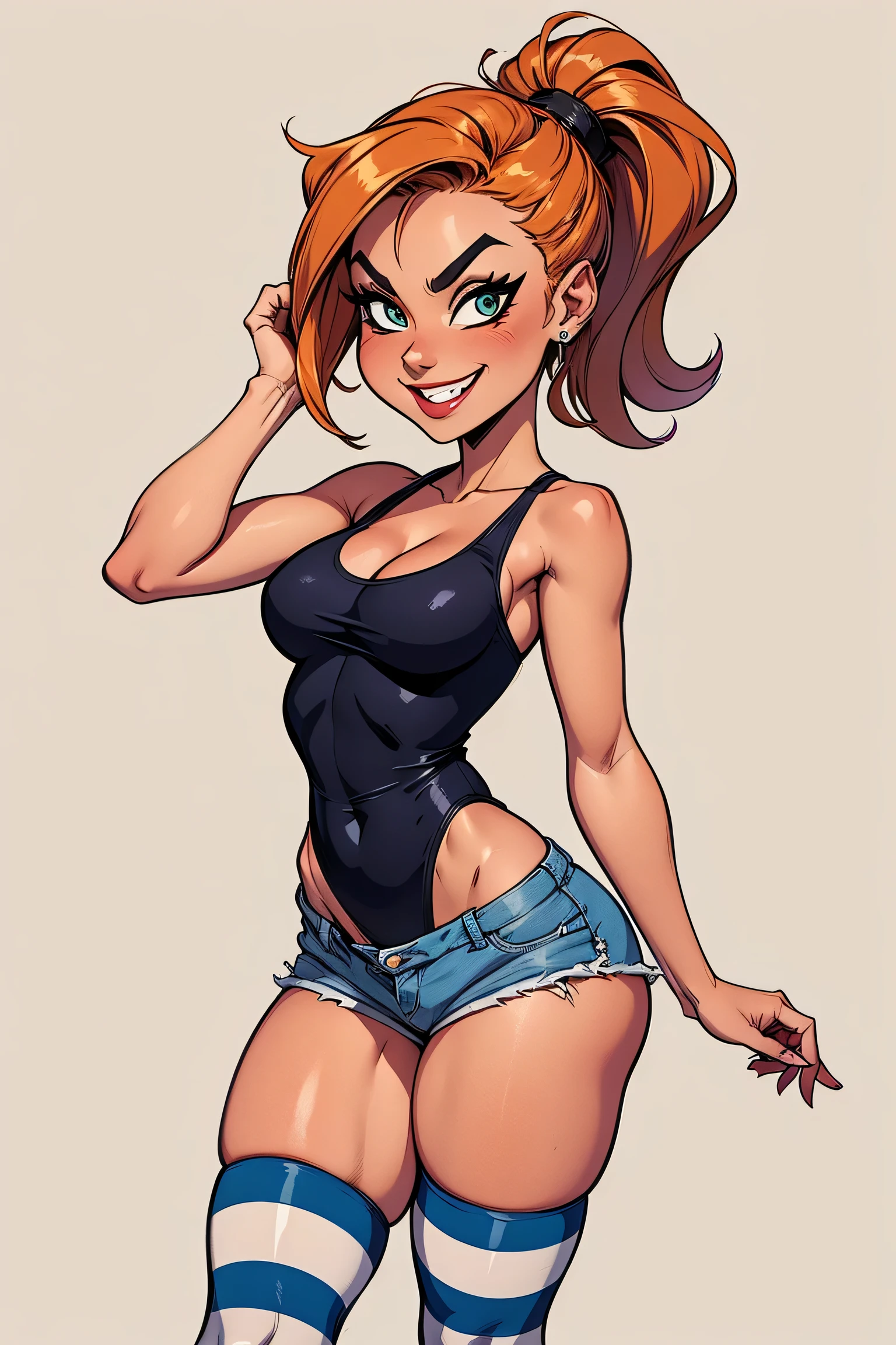 (high-level image quality), (high quality), (high resolution), (detailed), (masterpiece), beautiful woman, ((caucasian)), green eyes, red hair, short hair, dark red lipstick, slender body, perfect eyes, Detailed face, seductive, booty shorts, cropped, nsfw,