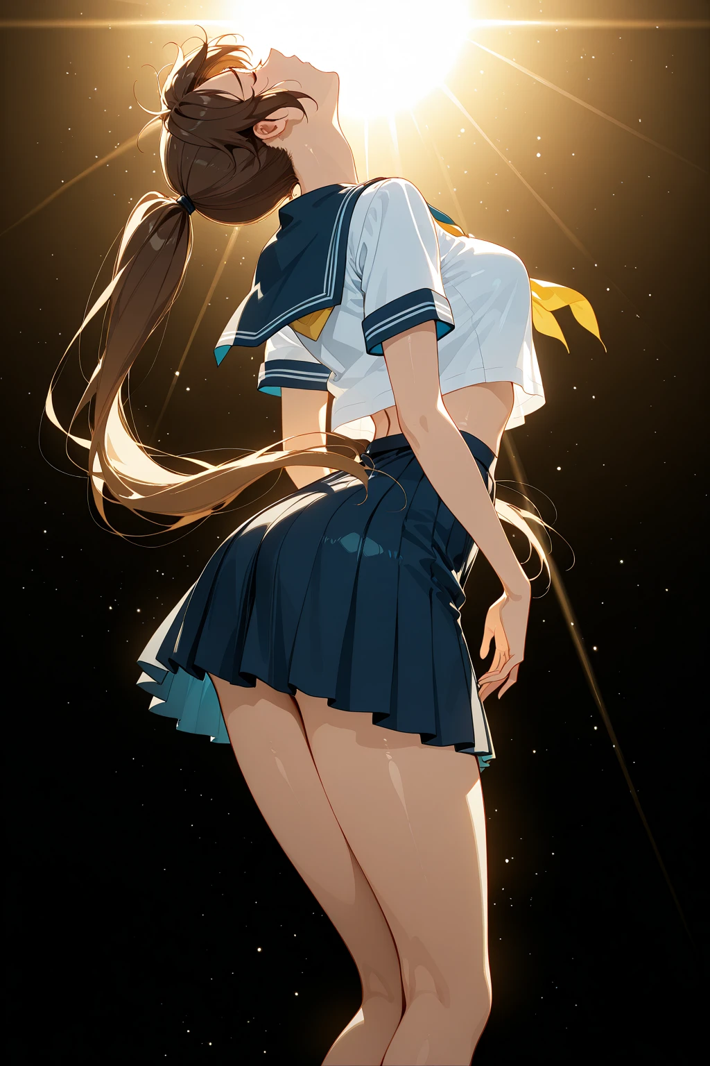 (Extreme detail CG Unity 8K wallpaper, Masterpiece, Highest Quality), (exquisite lighting and shadow, highly dramatic picture, Cinematic lens effect), (Fuku Sailor's School Uniform : 1.1), Adorable smile, Double Ponytail, blue eyes, blond hair, tight top, white gloves, mini skirt, dynamicpose), the background is the universe (great details, great lighting, Wide angle), (Excellent rendering, Basta, To stand out in your class), (Beautiful panties, peeking out from under the skirt :1.4), (Beautiful butt :1.2), (Upskirt, Lifted by the Wind), (tail on the lower back: 1.4) Salute, (((NSFW))), little chest), beautiful breasts, (((NSFW)))