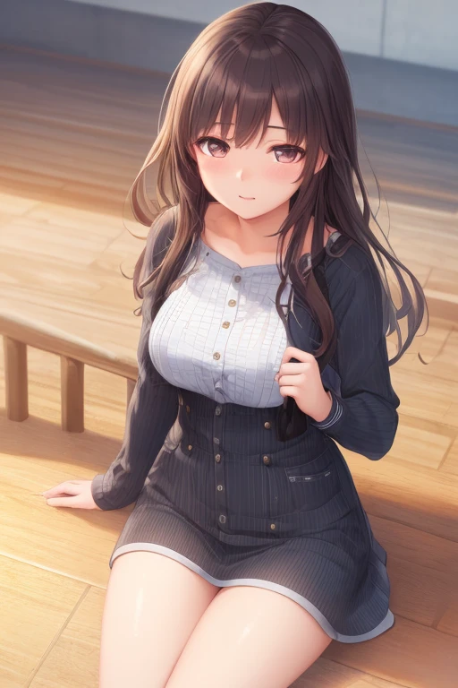 (masterpiece、highest quality、High resolution、realistic pictures、real looking skin:1.1), (She is wearing a tight gray knit minidress with long sleeves。.:1.5), (There is a small gap in the chest of that dress.、I can see the cleavage.:1.5), 1 Japanese woman, beautiful eyes, shining eyes, brown hair, medium long hair, OL, (I'Iは膝を合わせてベンチに座っています:1.8), (I々Pants are clearly visible when viewed from the front:1.5), (both hands are on the bench: 1.5), (brown knee-length boots:1.5), (fancy pattern panties: 1.5), (provocative and grinning expression:1.5), (The location is an amusement park bench..:1.5), NSFW