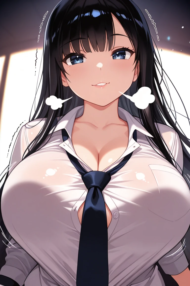 High school girl, white blouse, long untied black hair, pinched eyes, big tits, thick thighs, white panties, ass facing you