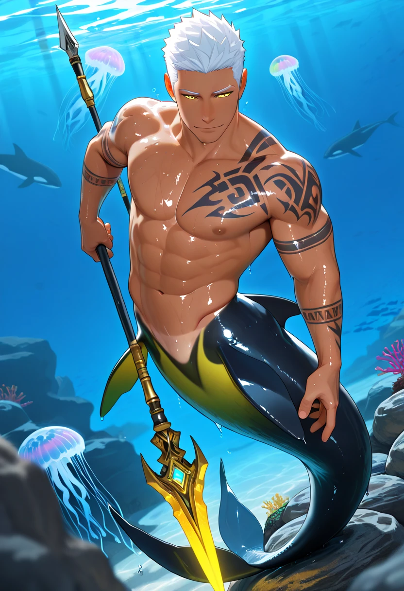 draw fullbody, there is a (homem) who is holding a ((peixe)) On the water, (Foto RAW, melhor qualidade), (realista, foto-realista: 1.3), obra-prima, um extremamente viril e masculino, extremamente detalhado, CG, unidade, papel de parede 2k, Awesome, detalhes finos, extremamente detalhado CG unidade de papel de parede 8k, tamanho de arquivo enorme, ultra-detalhado, highres, absurdres, luz suave, desenhar corpo completo, Taylor Lautner pessoa, pele bronzeada, dedos detalhados, olhos e rosto extremamente detalhados, nariz bonito detalhado, belos olhos detalhados, luz no rosto, olhando para o espectador,  (1homem, rosto maduro), rosto realista, corpo realista, (homem nudista:1.8), ((peixe azul atacando virilha:1.6)),