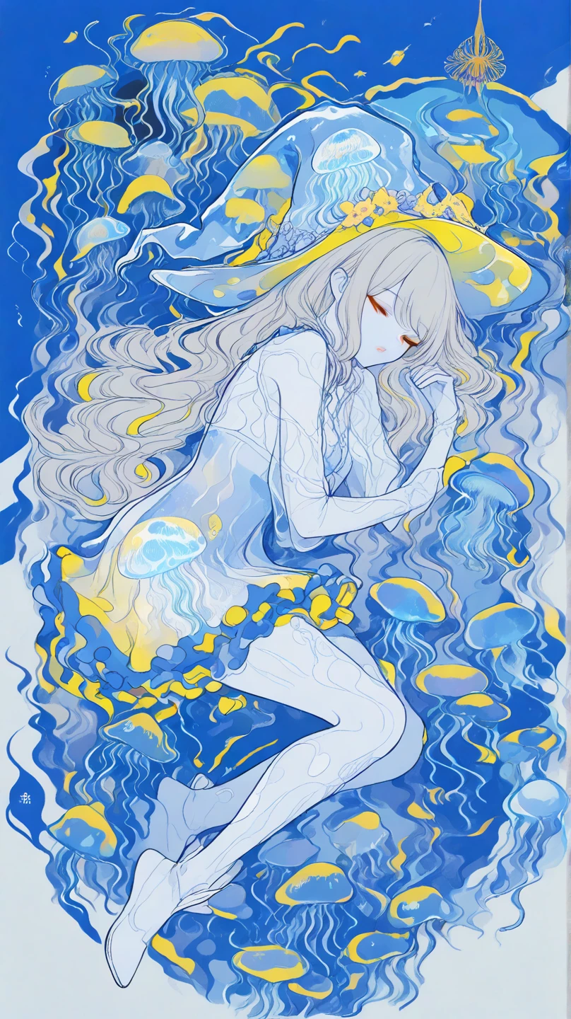 white background,tree,blue theme,(watercolor rendering:1.3),colorful patterns, flat colors, (high contrast within the same hue:1.3)
<lora:flat2:0.7> <lora:boldline2:0.3> <lora:nijiexp:0.3>, (masterpiece, ultra-detailed, best quality, absurdres), dappled sunlight, 1girl floating underwater, light blue hair, glowing eyes, yellow eyes, a lots of fish around the girl, coral, ocean, floating hair, floating body, looking to the side, seaweed, white dress, bubble, curious face, barefoot,