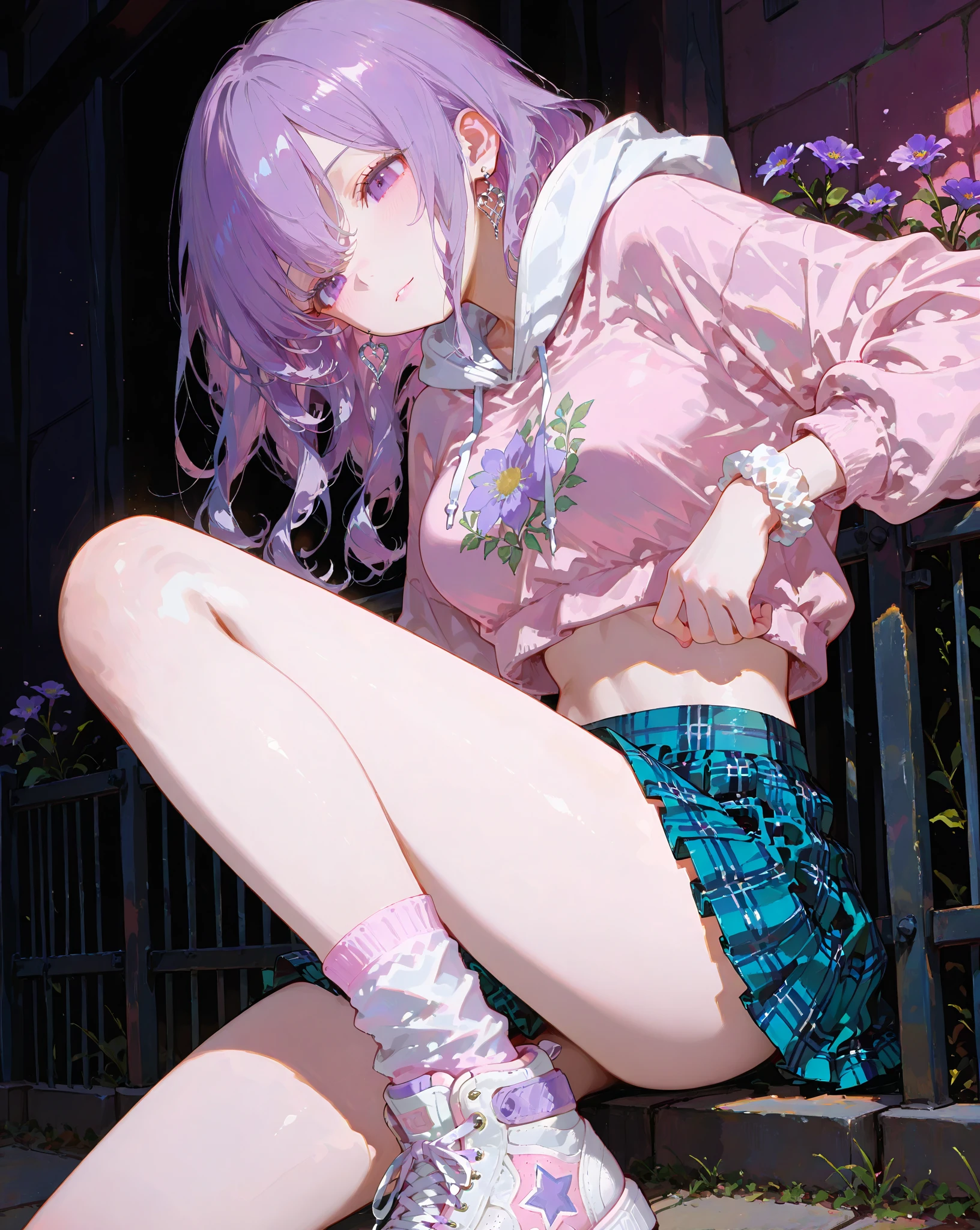 Unbelievably absurd, (Very detailed: 1.3), 8K, (masterpiece), (Highest quality: 1.4), (Ultra-high resolution: 1.2), (RAW Photos: 1.2), Very detailed背景, (ユニティ 8K 壁紙), Nogizaka Anime Girls, White Short Hair, Purple eyes, hoodie, computer, streamer, virtual, Street Style、Nipples are visible, No clothes、Sitting and spreading your crotch
