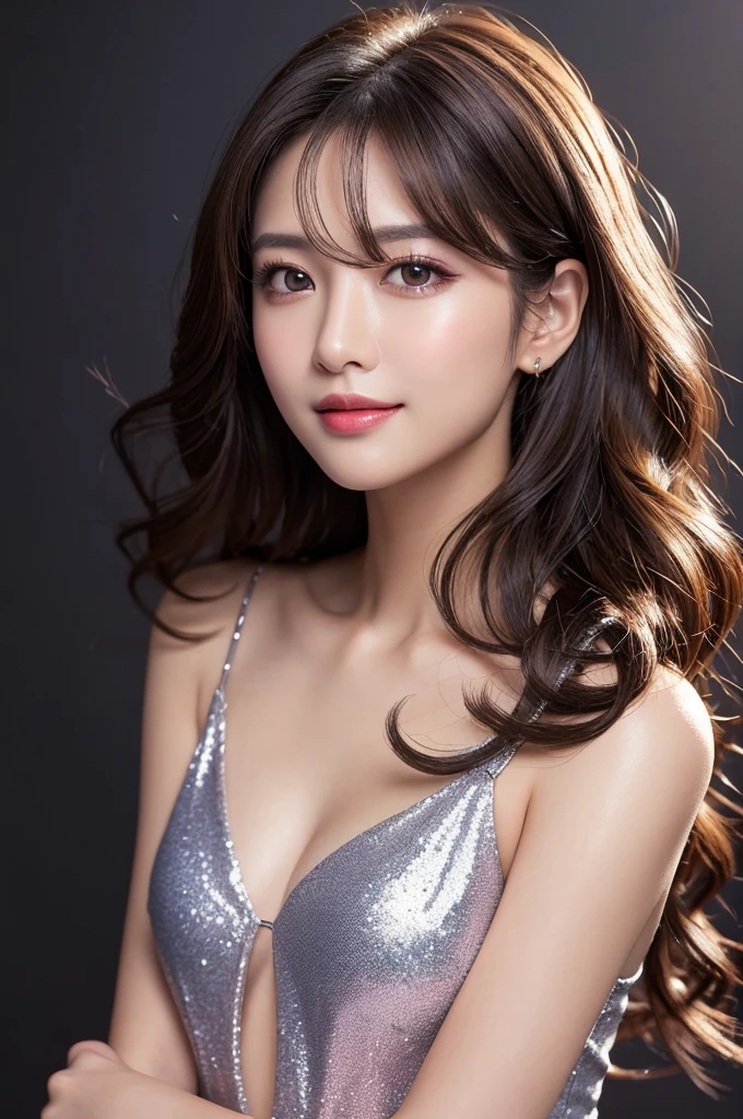 (8K, original photo, best quality, masterpiece: 1.45), (Practical, Lively: 1.37),1 beautiful girl、 (Reality: 1.4), Japanese、asian beauty、Super beautiful、Beautiful skin、Thin、(Upper Body)、(超Reality的な)、(high resolution)、(Very detailed)、(Super detailed)、big eyes、Brown eyes、Long eyelashes、Delicate face、Lip Gloss,Bright Lights、Professional lighting、Looking at the camera、Serious expression、Direct vision、long hair、brown hair、Restaurant、Nogizaka Idol、actor、20 years old、Large Breasts、Large Breasts、Moist skin、Silver latex suit、Cleavage cut、baby face、Hydrates realistic skin texture、Wet lips、Natural shadows、(raise arms),National Foundation,