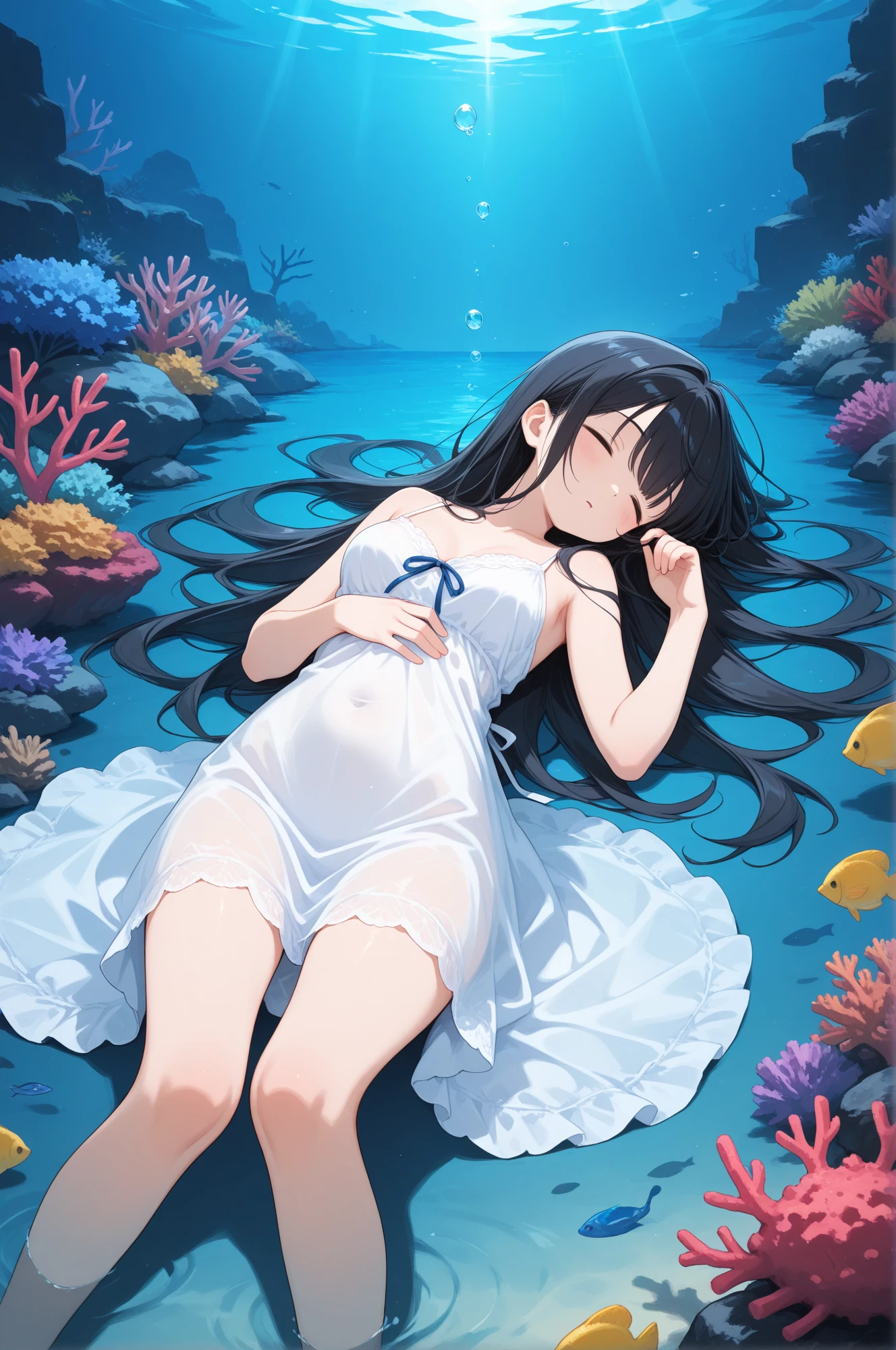 ((masterpiece))),best quality,highly detailed,extremely detailed cg unity 8k wallpaper,(day),hair flower,reflection light,ray tracing,shadow,illustration,((steam)),(((solo))),1girl,(closed eyes),(clear facial details),((disgust)),(smooth skin),thin leg,beautiful detailed eyes,aquagradient eyes,water eyes,long hair,strands,(gold),wet,expose legs,(floating:1.2),(zero gravity:1.2),((wet clothes)),transparent,[dress],((((wet translucent white dress,very long dress))),navel,((expose cleavage)),red papilla,((bulging,(underwater,deep ocean),(ridiculous long hair:1.3),There are many bubbles in the environment,Dim light,((simple black) underwater background:1.3),(drowning:1.3)