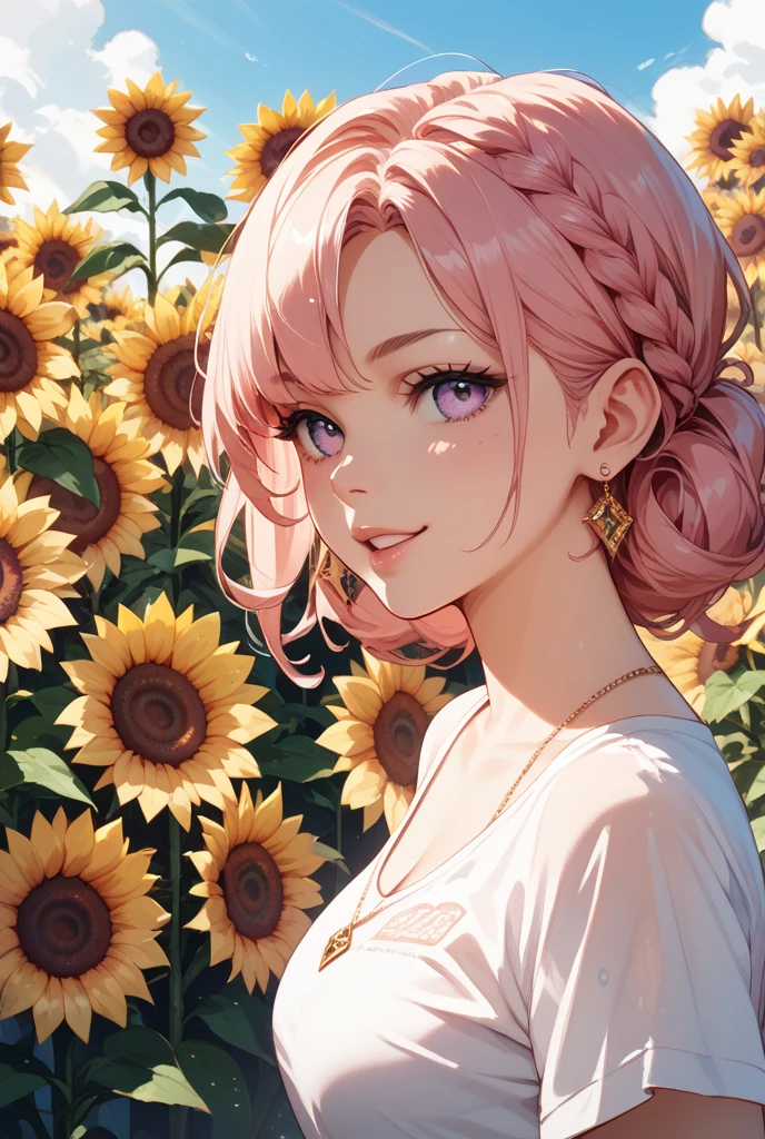 masterpiece, ((ultra detailed background, delicate pattern, intricate detail)), (highly detailed, fine details), best quality, beautiful lighting, (portrait), Rebecca, 1girl, solo, braid, pink hair, ((slim girl, medium breasts, portrait)), smile, yellow dress, fluffy dress, brown eyes, complex detailed background, sunflowers, field, outside, nature environment, blue sky, sky, tree, <lora:RebeccaEight:0.85>