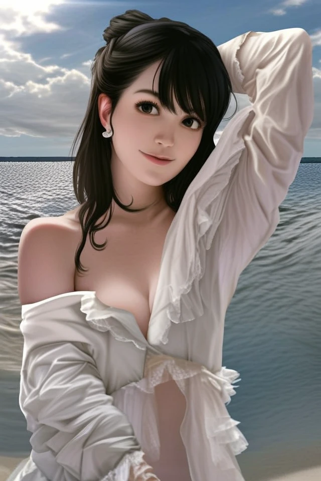 ((Best Quality, 8K, Masterpiece: 1.3)), Sharp Focus: 1.2, A Beautiful Woman with Perfect Figure: 1.4, Slim Abs: 1.2, (Layered Hairstyle,: 1.2)), (Wet White Button Long Shirt: 1.3), Rain: 1.3, Street: 1.2, Wet Body: 1.1, Highly Detailed Face and Skin Texture, Detailed Eyes, Double Eyelids, Big Breasts, Smile,