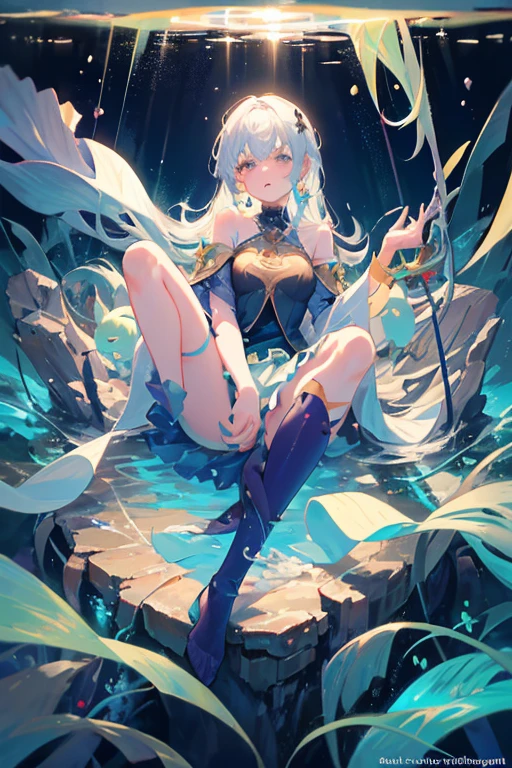 masterpiece, best quality, 1woman, adult, female focus, solo, medium white hair, vibrant white eyes, looking at viewer, High quality metal texture, closed mouth, bangs, high collar,(kbxll:0.6), Fantasy aesthetics, Highly detailed, shadowverse style, harp with water elemental power, elf ear, goddess dress
