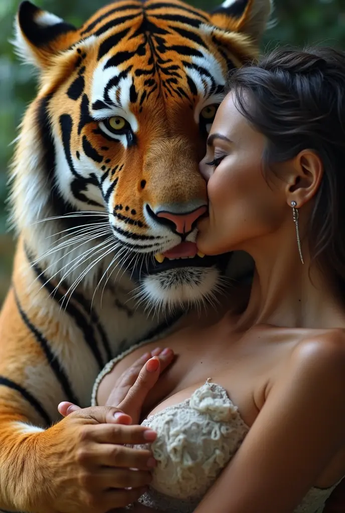 Naked woman with large breasts, hugging a ((big whitetiger)), (extremely detailed CG unity 8k wallpaper, masterpiece, best quality, ultra-detailed, beautiful detailed bright eyes:1.2), best illumination, (best shadow, an extremely delicate and beautiful, bloom, iridescent), masterpiece, best quality:1.1, realistic:1.3, cinematic lighting:1.2, on a sunray cliff:1.5, ultra photoreal, photorealistic:1.0, sharp focus:1.1, depth of field:1.1, 50mm, Hasselblad X1D II, Porta 160