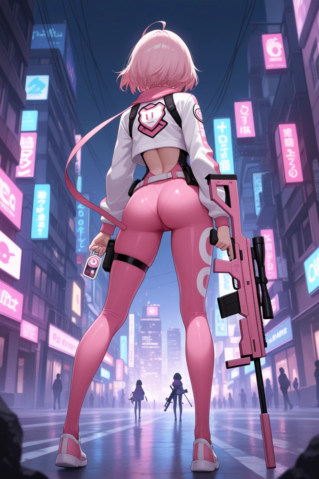 shizukamikazuki, shizuka mikazuki, short hair, purple hair, hair ornament, hairclip, (pink eyes:1.5), swept bangs,
BREAK navel, cleavage, jacket, open clothes, midriff, hood, open jacket, blue jacket, hooded jacket, sports bra, sports shorts,hood down,
BREAK looking at viewer,
BREAK outdoors, city,night, neon lights, wet road, reflections, stars, starfall,
BREAK (masterpiece:1.2), best quality, high resolution, unity 8k wallpaper, (illustration:0.8), (beautiful detailed eyes:1.6), extremely detailed face, perfect lighting, extremely detailed CG, (perfect hands, perfect anatomy), from behind, back view, from back, bend over.