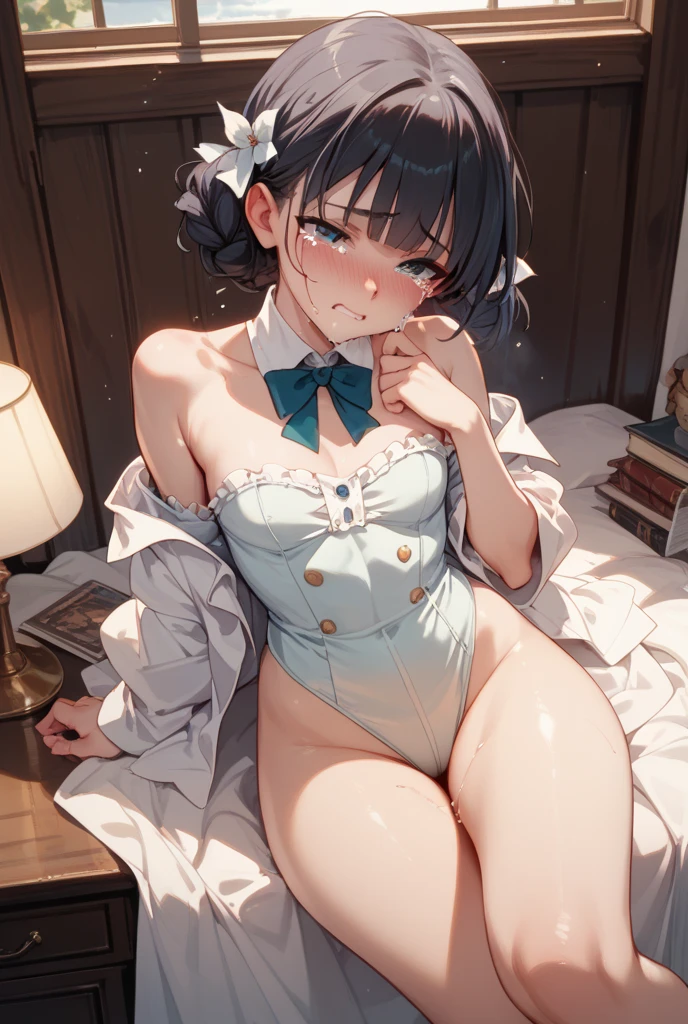 (Best quality, 8k, 32k, Masterpiece, UHD,:1.2),RAW, human, 1girl,ultra cute , ultra cute, natural lighting,transparent shining eyes, 20yo, medium breast ,femur, fair complexion , flushed face,  White high-neck leotard, playboy bunny、squatting, body-fitting, near the bed, spreading legs, seductive, From Below, wedgie, Closeup shot, shiny, hands on knees, short hair,