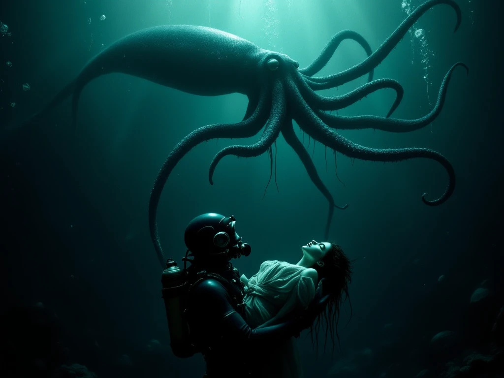 (extremadamente detallado, obra maestra, La mejor calidad), Estilo oscuro, intense illumination, rostro con arrugas, lengua larga, tentacle, deforme, monstruoso, interior de una piscina de agua verdosa, imagen submarina, alien con Colmillos finos, pico de pulpo amenazante. manchas de tinta. Rococo composition. Luz de caravaggio