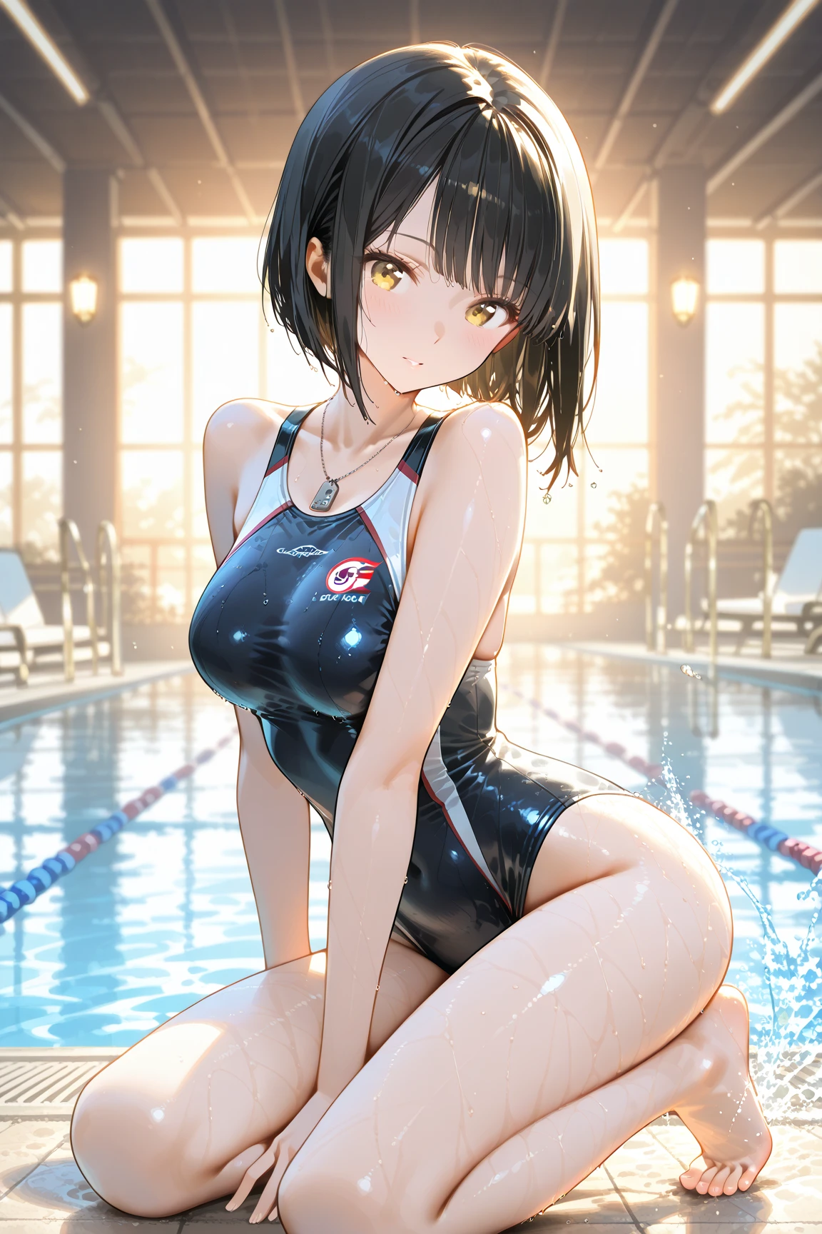 camel toe:1.4, (flat chest), (Erect nipples:1.3), Sweat, (((long gloves:1.3))), brown loafers, black calf length socks, Open your thighs wide to the left and right, squat on the ground, show off your crotch to the viewer, ((Latex high-necked competitive use Swimsuit:1.3)), sit, spread your legs:1.3, (((arm behind head))), , absurdists, bob hayne hair, flat lighting, elevation angle, sexy pose, highest quality, Complex, surreal, perspective, very detailed, detailed background, shape, 1 girl, alone, small breasts, embarrassing, blush, (((Pool side))), (Sweat),