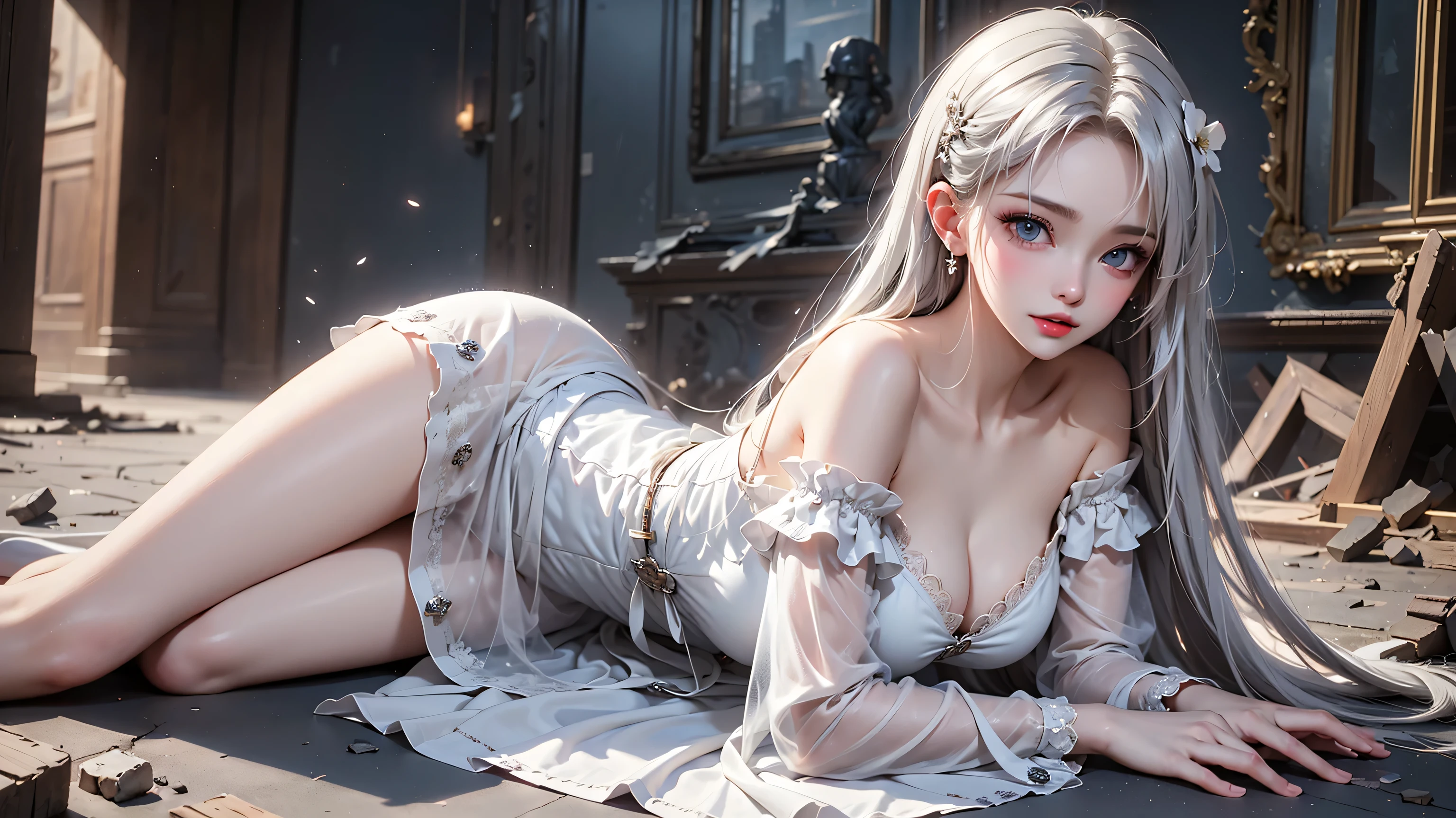 Vampire Two-dimensional Loli licking her lips Wearing a white dress Legs in white socks cocked Beautiful girl with a satisfied look