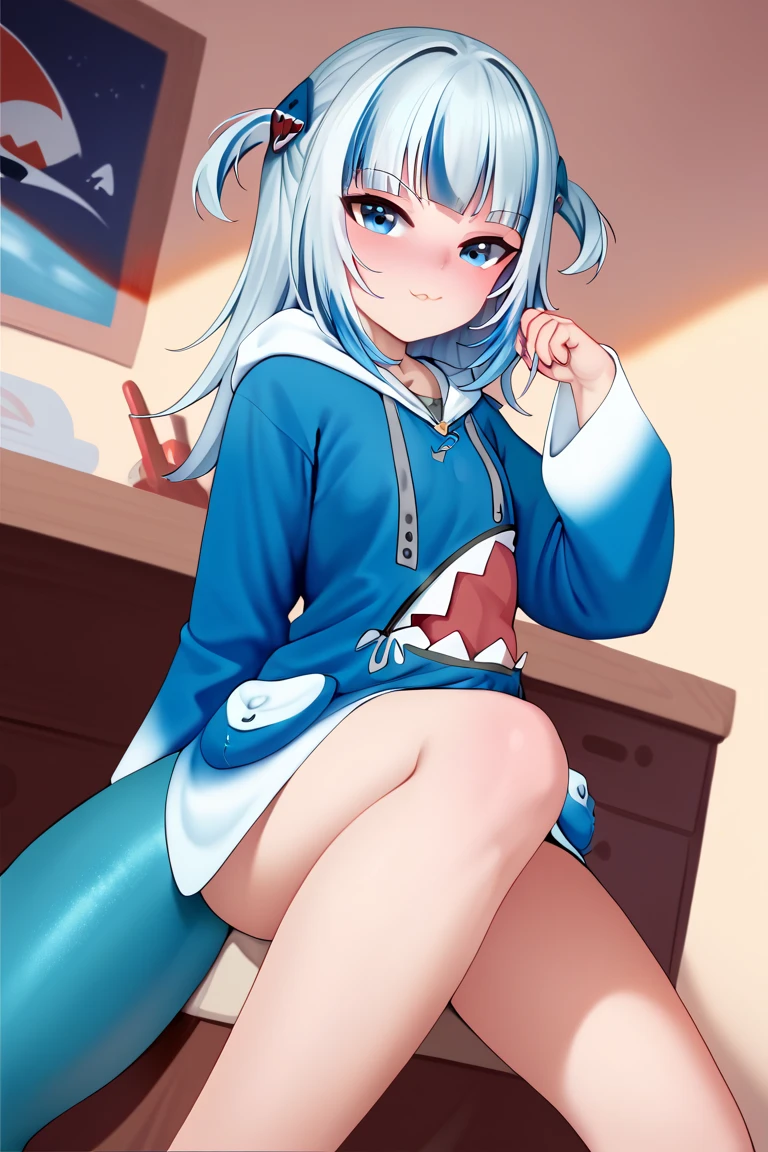 ((masterpiece)), (best quality), (detailed), (1 girl), <lora:NothingToSeeHere:1>, <lora:gawrGuraHololive_v2:1>,gawr gura, shark girl, shark hair ornament, blue hoodie, shark tail, shark print, :d, sharp teeth, standing, barefoot, bedroom