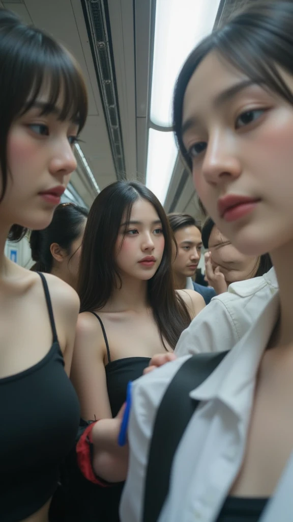 ((highest quality)), ((masterpiece)), (Familiar),  A high school girl riding an escalator on her way to school、Glare、Navy Blazer、mini skirt、Navy blue socks、Rear view、Secret photos、(View from directly below)、Navy blue socksのクローズアップ、mangaコマ割り、Manga style、manga、Station Escalator、Everybody line up on the left、顔のみのコマとRear viewのコマ、Camel Toe、Giant tit、Nipple Puffs、Cleavage、Plump、Super big breasts、Super big butt、Earrings、Earrings、necklace、Thick lips、Heterochromia、Bracelet、Caster wheel、first round、hair charm、Lip gloss、eye shadow、long false eyelashes、well-groomed eyebrows、Tear bags、Lip gloss、Red lipstick、Eyeliner、red cheek、Headband、ribbon、Manicure、Pedicure、nail、climb the stairs、Back view、T-back underwear、G-string