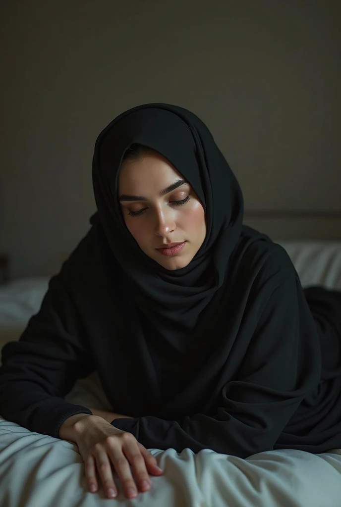 A very sweet 18 year old girl, wearing hijab lying on the bed, while masturbating using his hands, without any clothes at all, very beautiful , 4K realistic