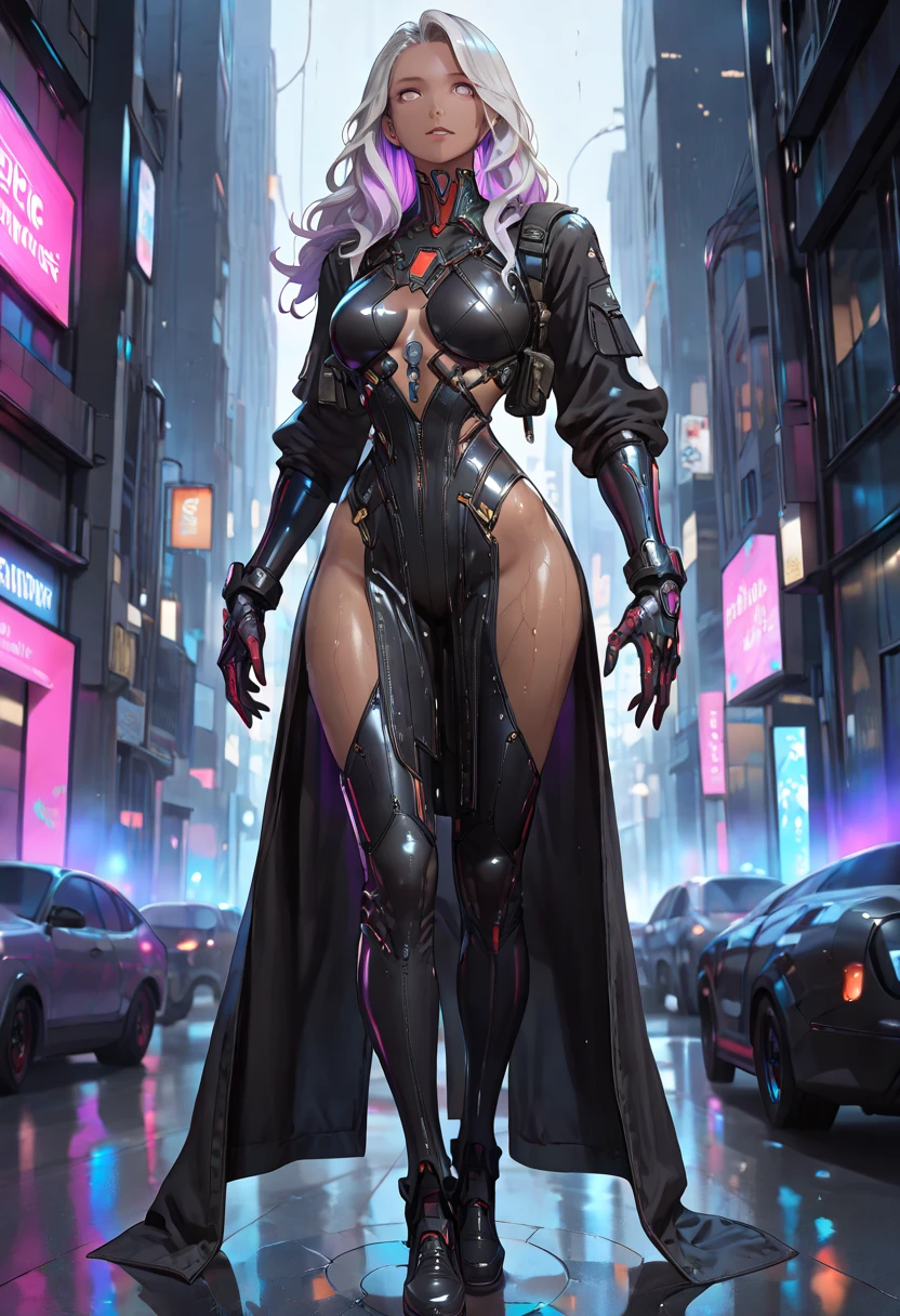 full body, photo of 1lady,[:robotic body:0.45]
dynamic pose,
gigantic breast, narrow waist, wide pelvic, transparent pantyhose, cameltoe, thick thigh, thin calf, highheels,
transparent cape floating in the wind,
cyberpunk, skyscrapers, neon bokeh, future city