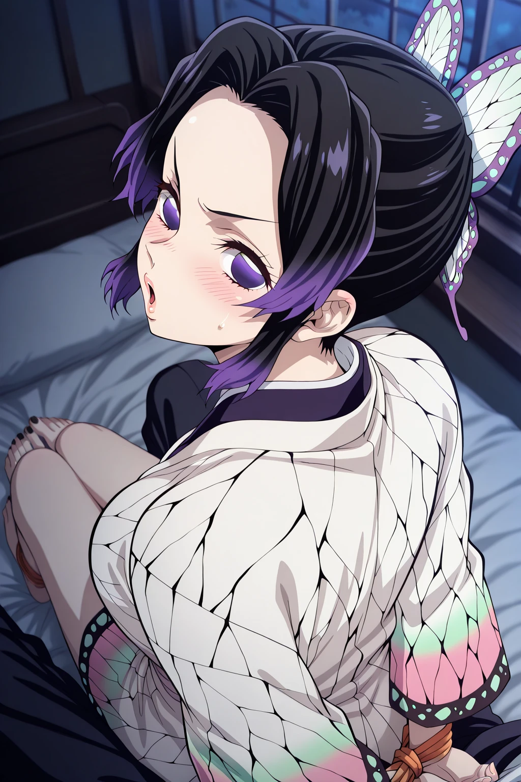 NSFW,1 girl,胡butterflyしのぶ、Black Hair、butterfly、butterflyのhair ornaments、amount、Gradient Hair、hair ornaments、Haori、Multi-colored hair、Parted bangs、Purple Hair、short hair、Two-tone hair、Oiran,High-quality Japanese clothing,(Perfect hands),(Perfect Anatomy),(masterpiece),(highest quality),Embarrassed,blush,Japanese-style room at night,futon,Leg spread,(Ecstasy face:1.5),(orgasm:1.5),One man,Having sex,(Sweat:1.5)