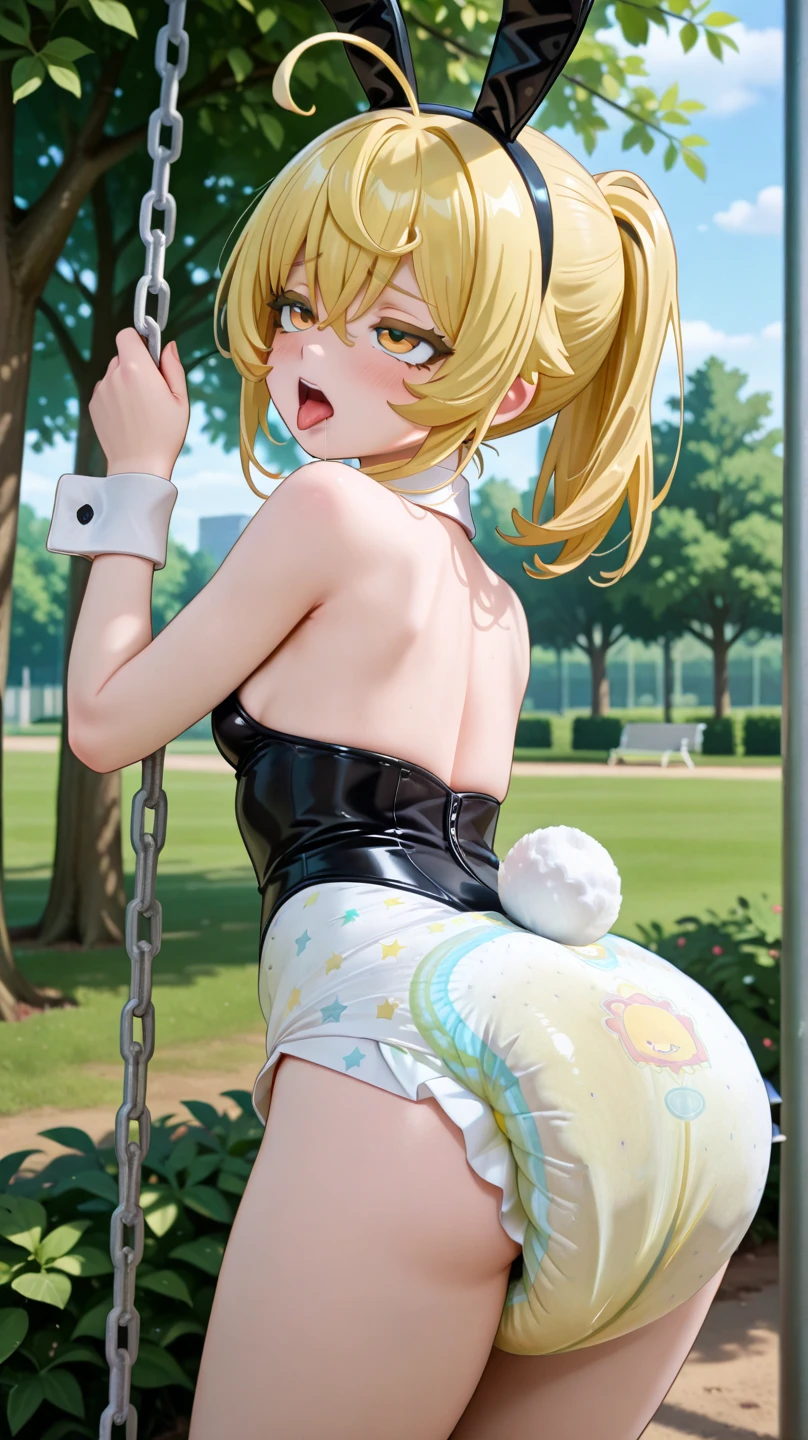 Sexy girl wearing (big diaper), ((Miss Fortune)), ((Bowsette)), busty, (big breasts), wide hips, (leather), stockings, fishnets, (leather corset), (hypnotic), (magical), (blushing), (confident), pleasure, (orgasmic), colorful, ((mommydom)), brick wall, inflatable, ((bounce castle)), (inflatables), stage lights, stage, ((magic wand)), (spells)